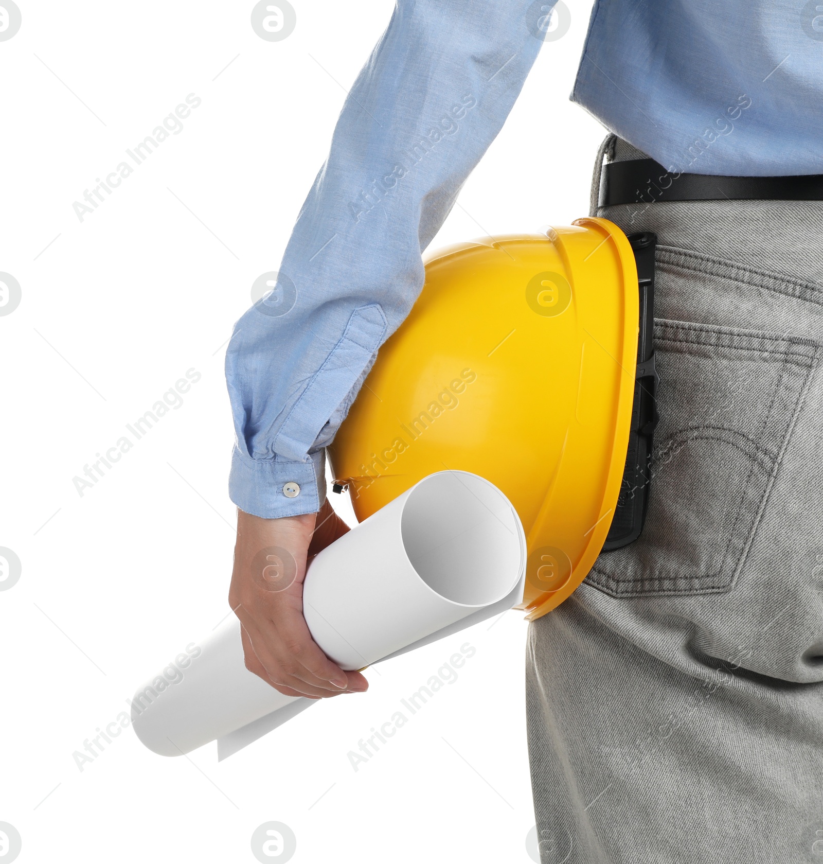 Photo of Engineer with hard hat and draft on white background, closeup