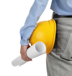 Photo of Engineer with hard hat and draft on white background, closeup