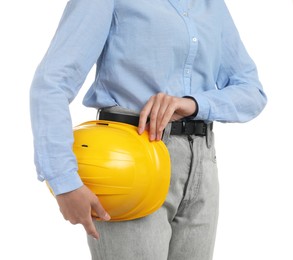 Photo of Engineer with hard hat on white background, closeup