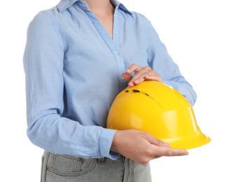 Photo of Engineer with hard hat on white background, closeup