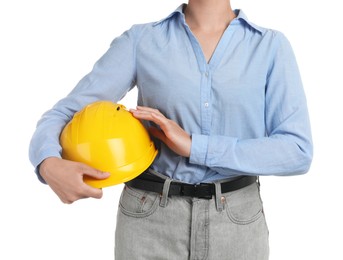 Engineer with hard hat on white background, closeup