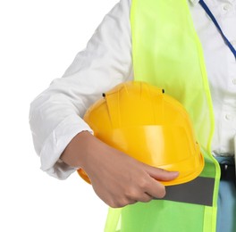 Photo of Engineer with hard hat on white background, closeup