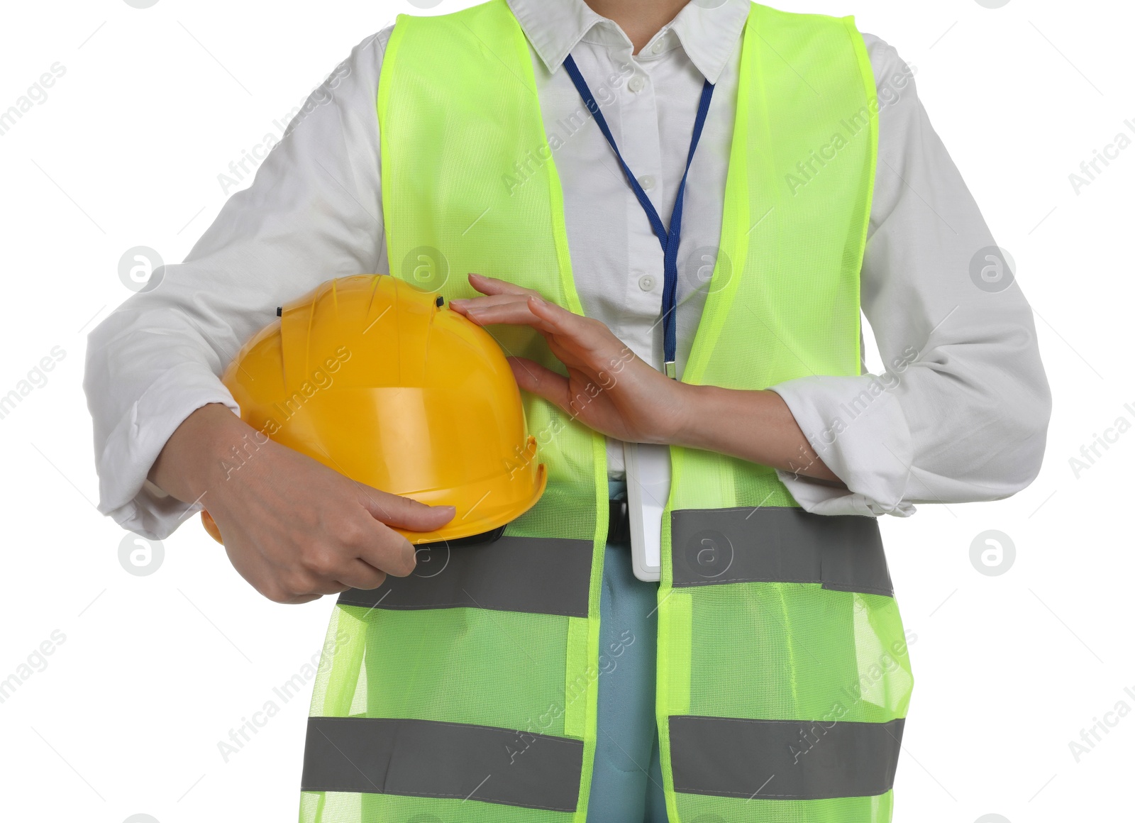 Photo of Engineer with hard hat on white background, closeup