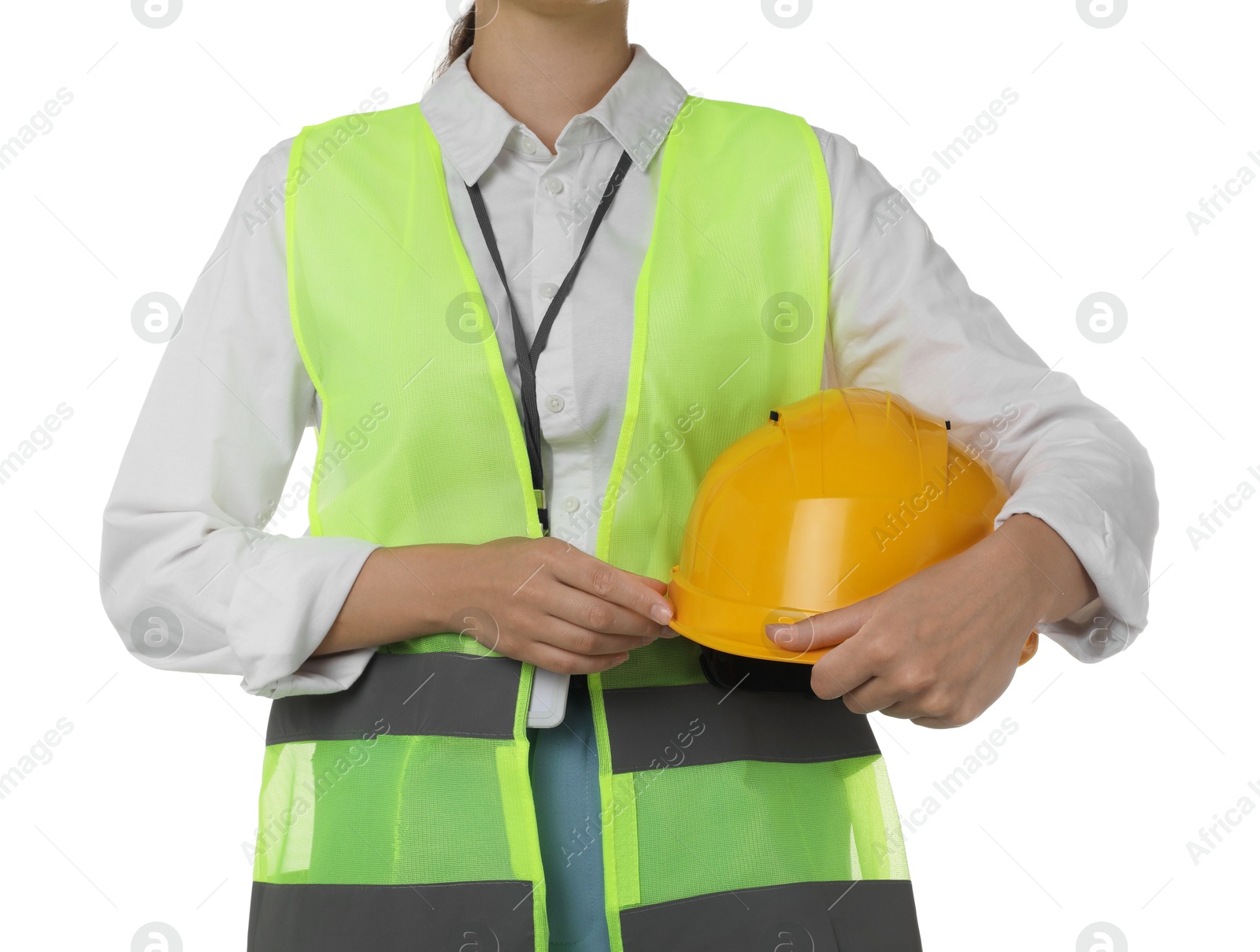 Photo of Engineer with hard hat on white background, closeup