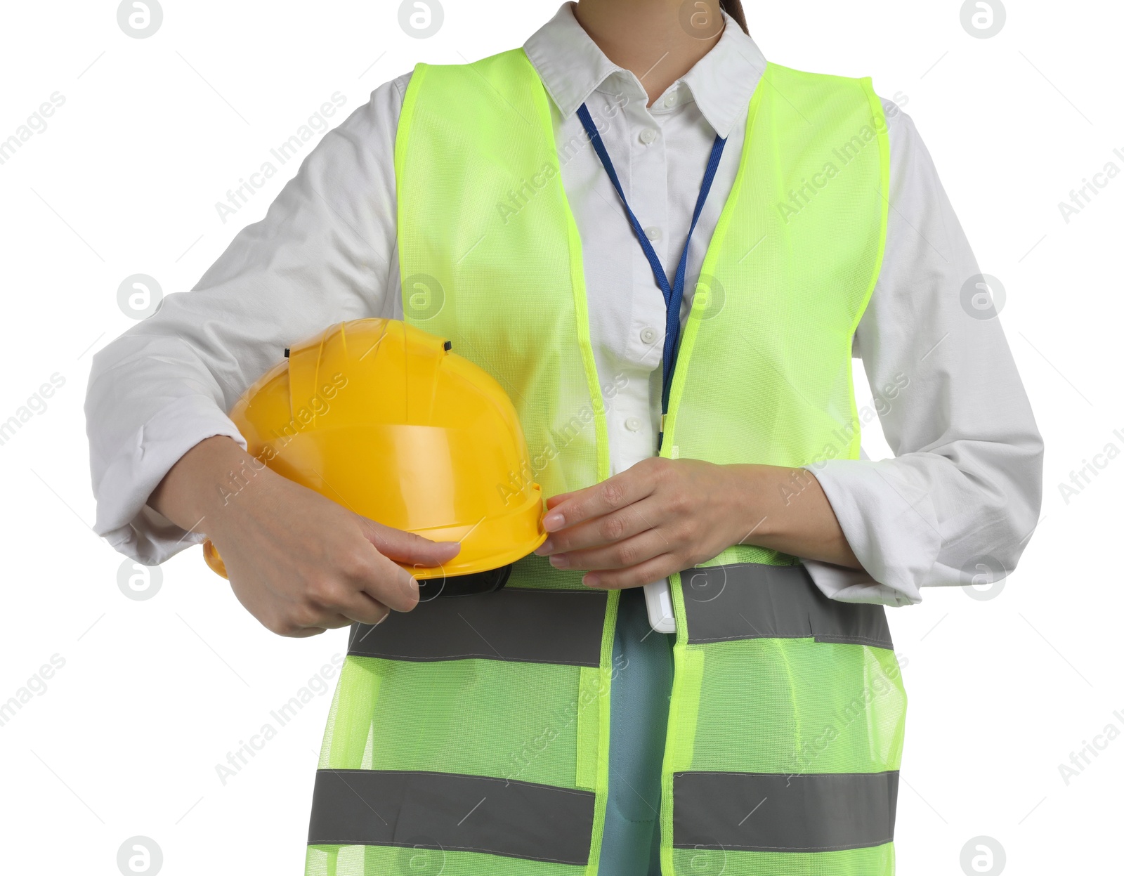 Photo of Engineer with hard hat on white background, closeup