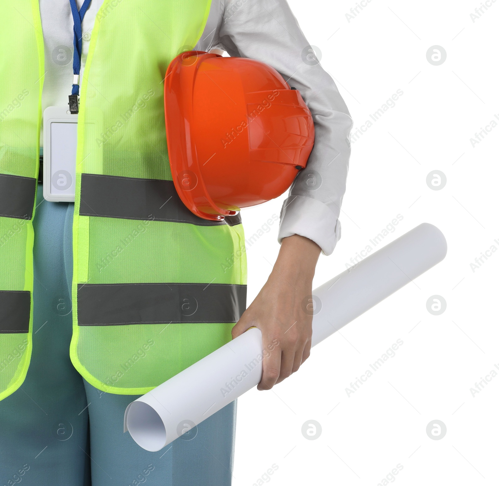 Photo of Engineer with hard hat and draft on white background, closeup