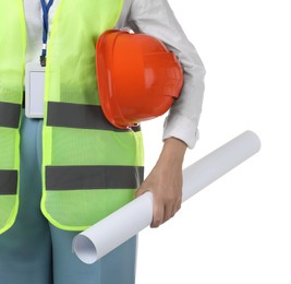 Engineer with hard hat and draft on white background, closeup