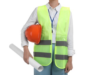 Photo of Engineer with hard hat and draft on white background, closeup