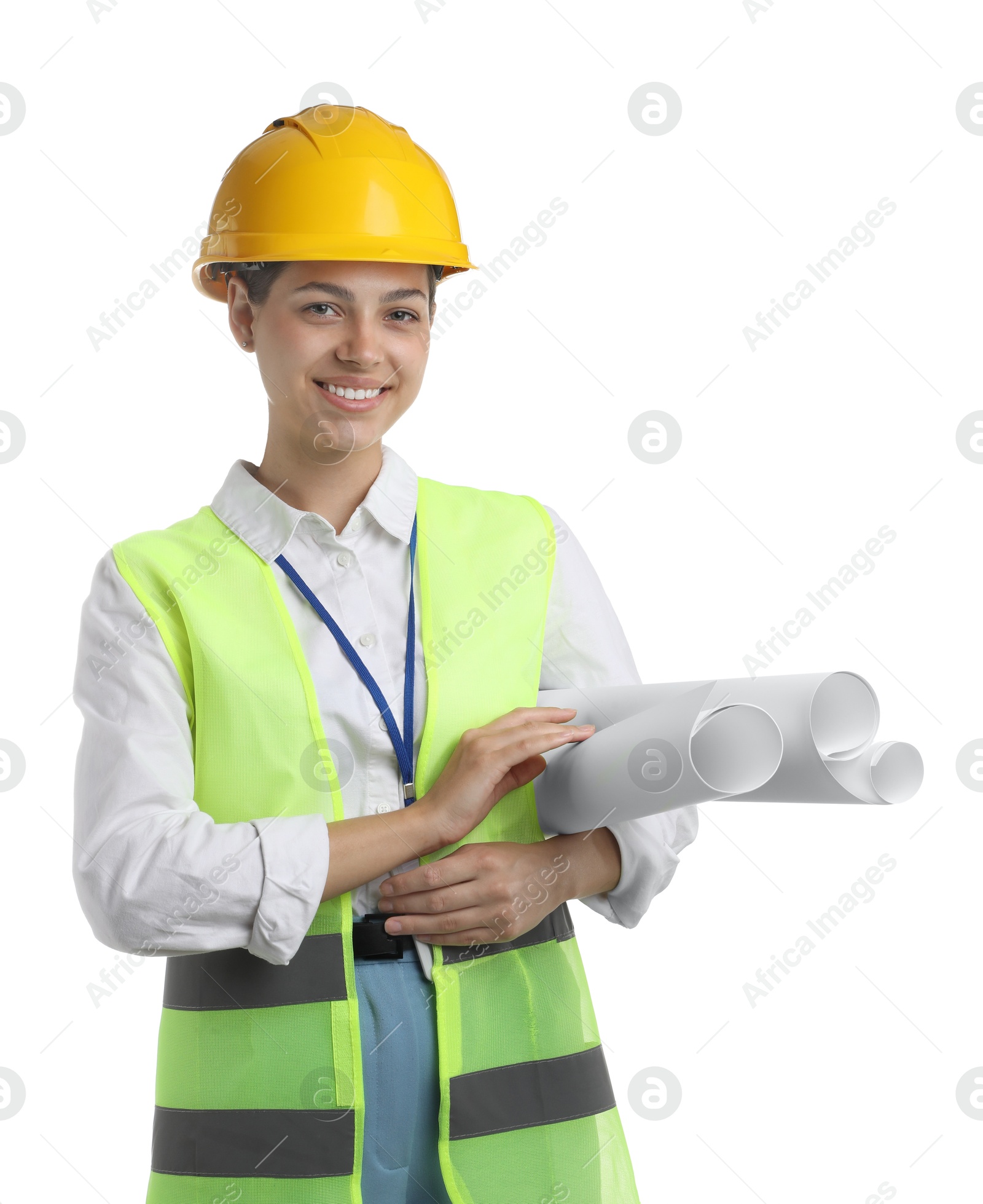 Photo of Engineer in hard hat with drafts on white background