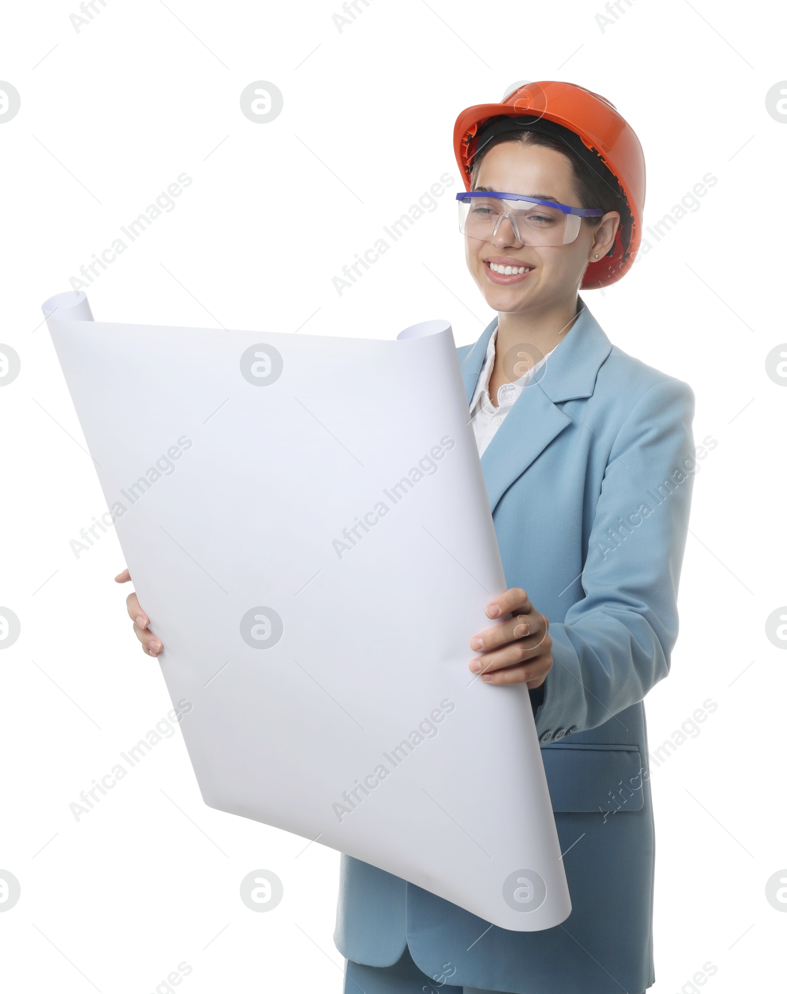 Photo of Engineer in hard hat with draft on white background