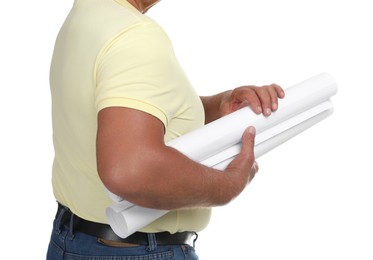 Photo of Engineer with drafts on white background, closeup