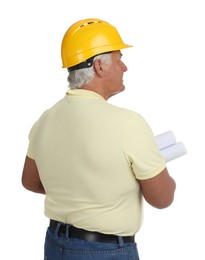 Photo of Engineer in hard hat with drafts on white background