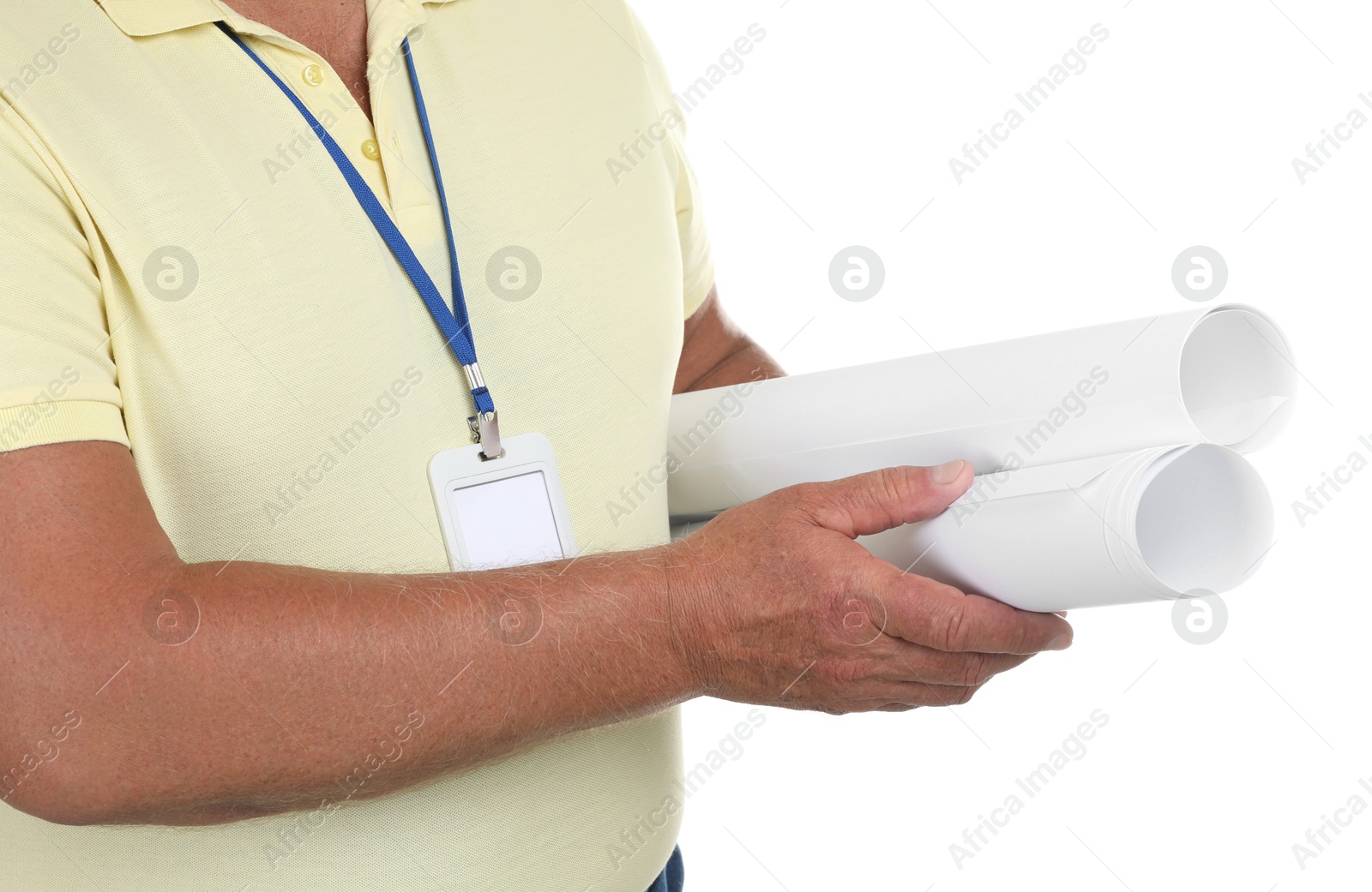 Photo of Engineer with drafts on white background, closeup