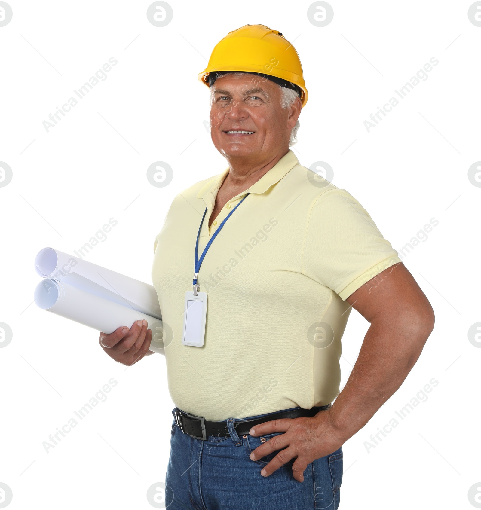 Photo of Engineer in hard hat with drafts on white background