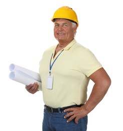 Engineer in hard hat with drafts on white background