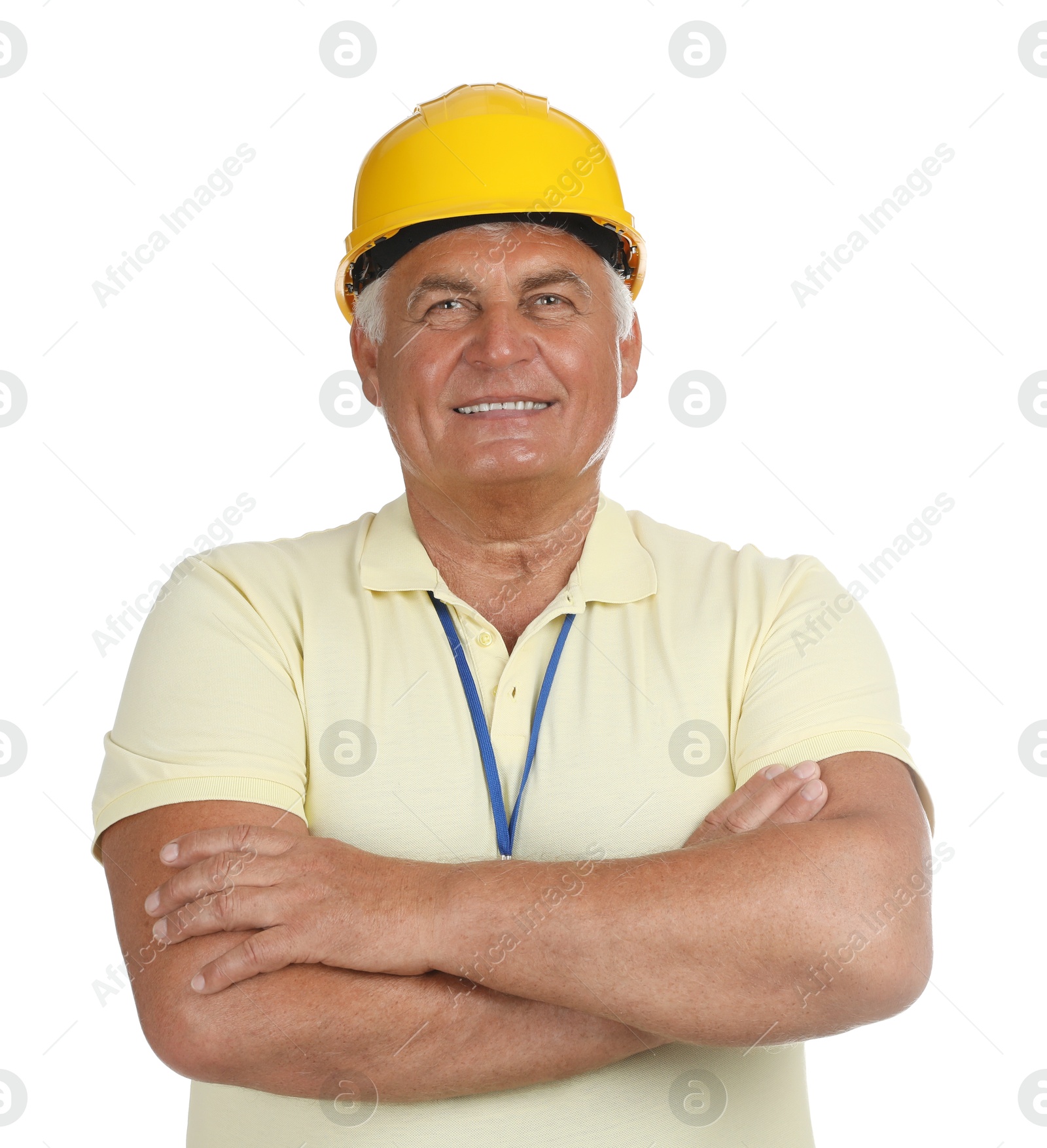 Photo of Engineer in hard hat on white background