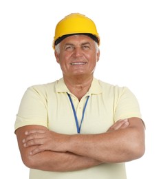 Photo of Engineer in hard hat on white background