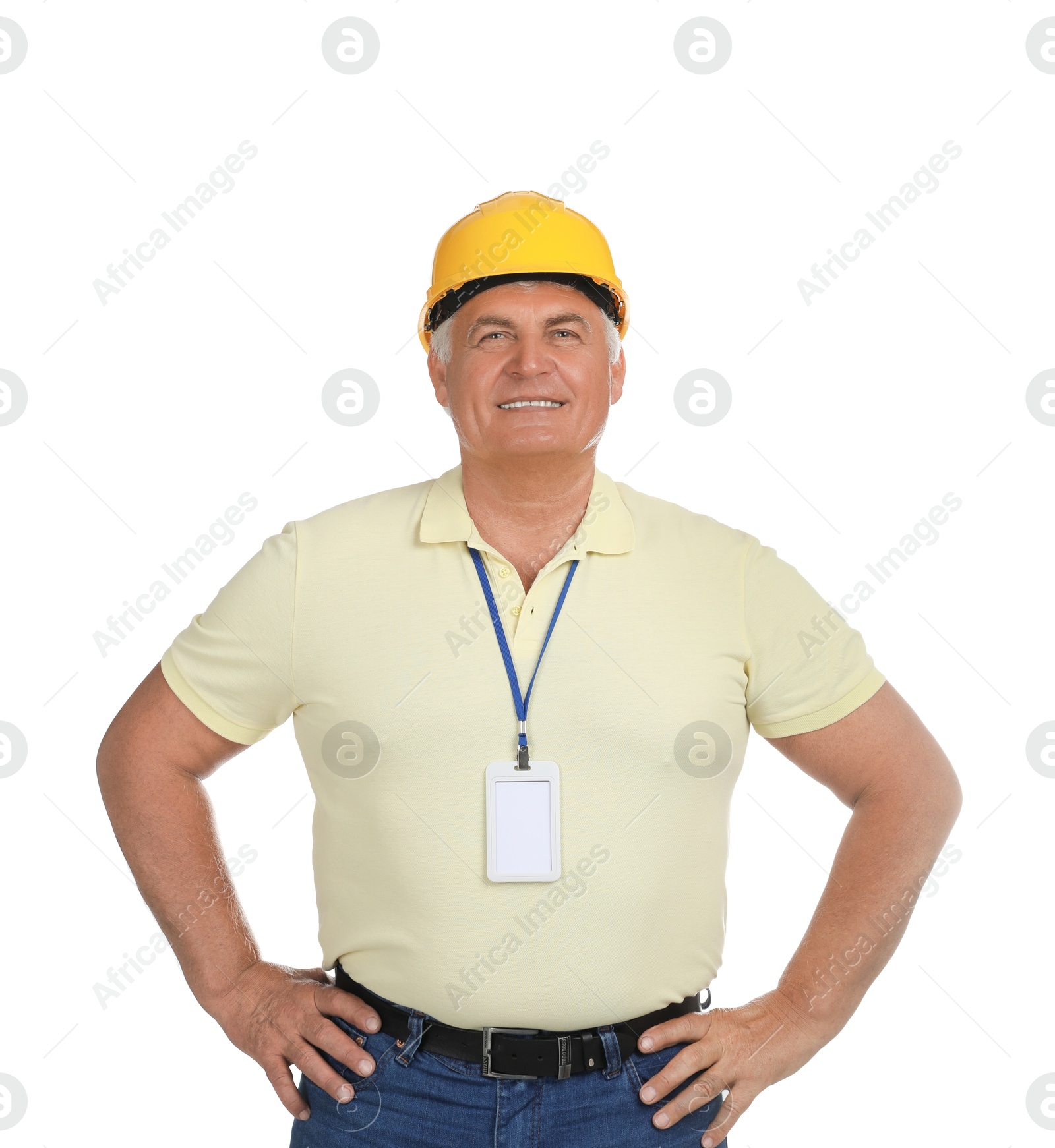 Photo of Engineer in hard hat on white background