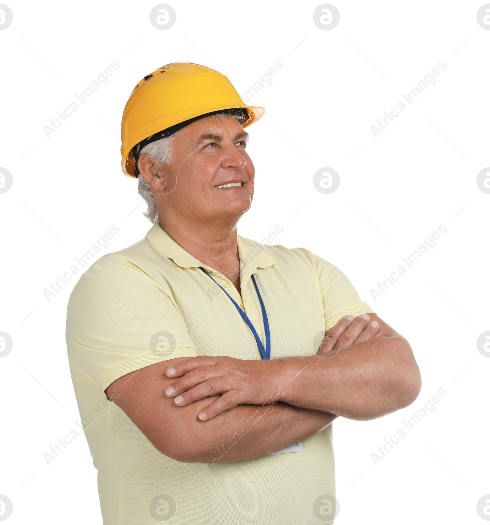 Photo of Engineer in hard hat on white background