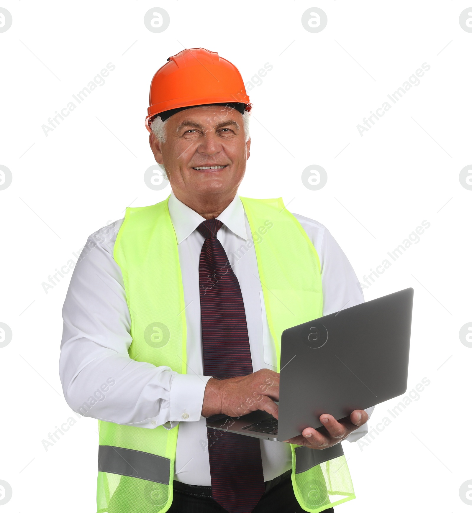 Photo of Engineer in hard hat with laptop on white background