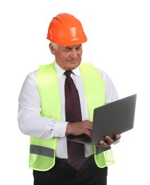 Engineer in hard hat with laptop on white background