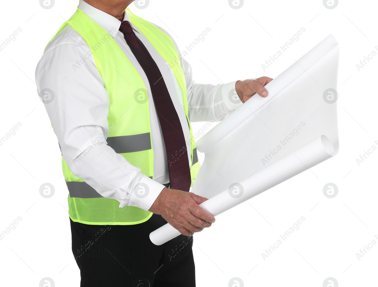 Photo of Engineer with draft on white background, closeup