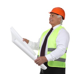 Photo of Engineer in hard hat with draft on white background