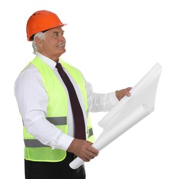 Photo of Engineer in hard hat with draft on white background