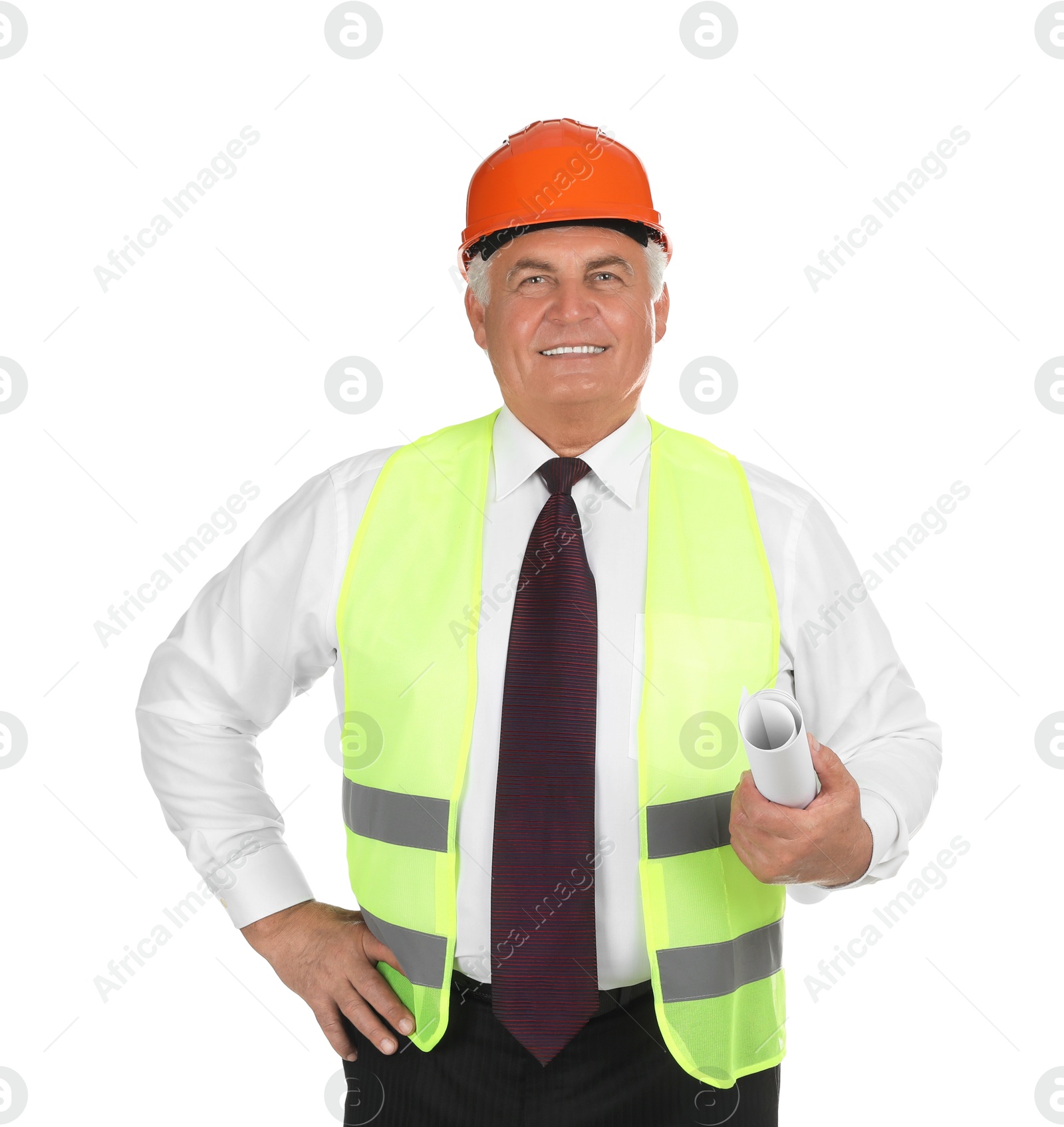 Photo of Engineer in hard hat with draft on white background