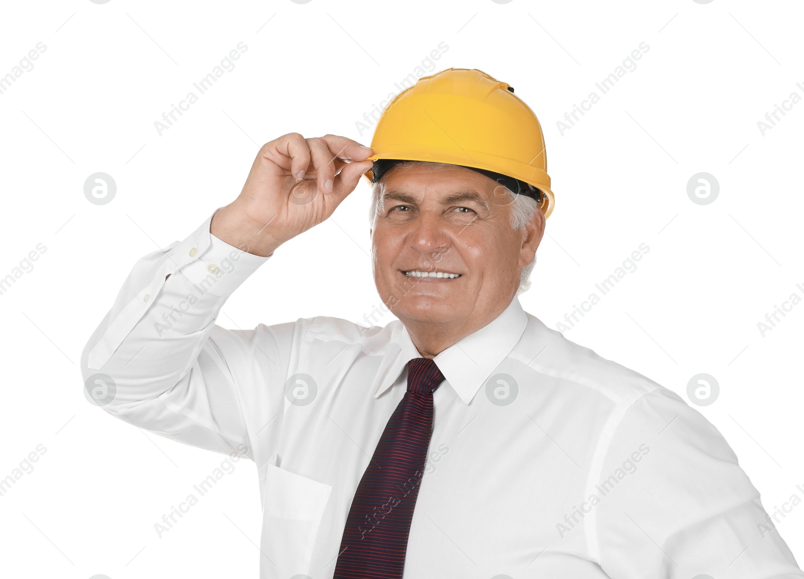 Photo of Engineer in hard hat on white background