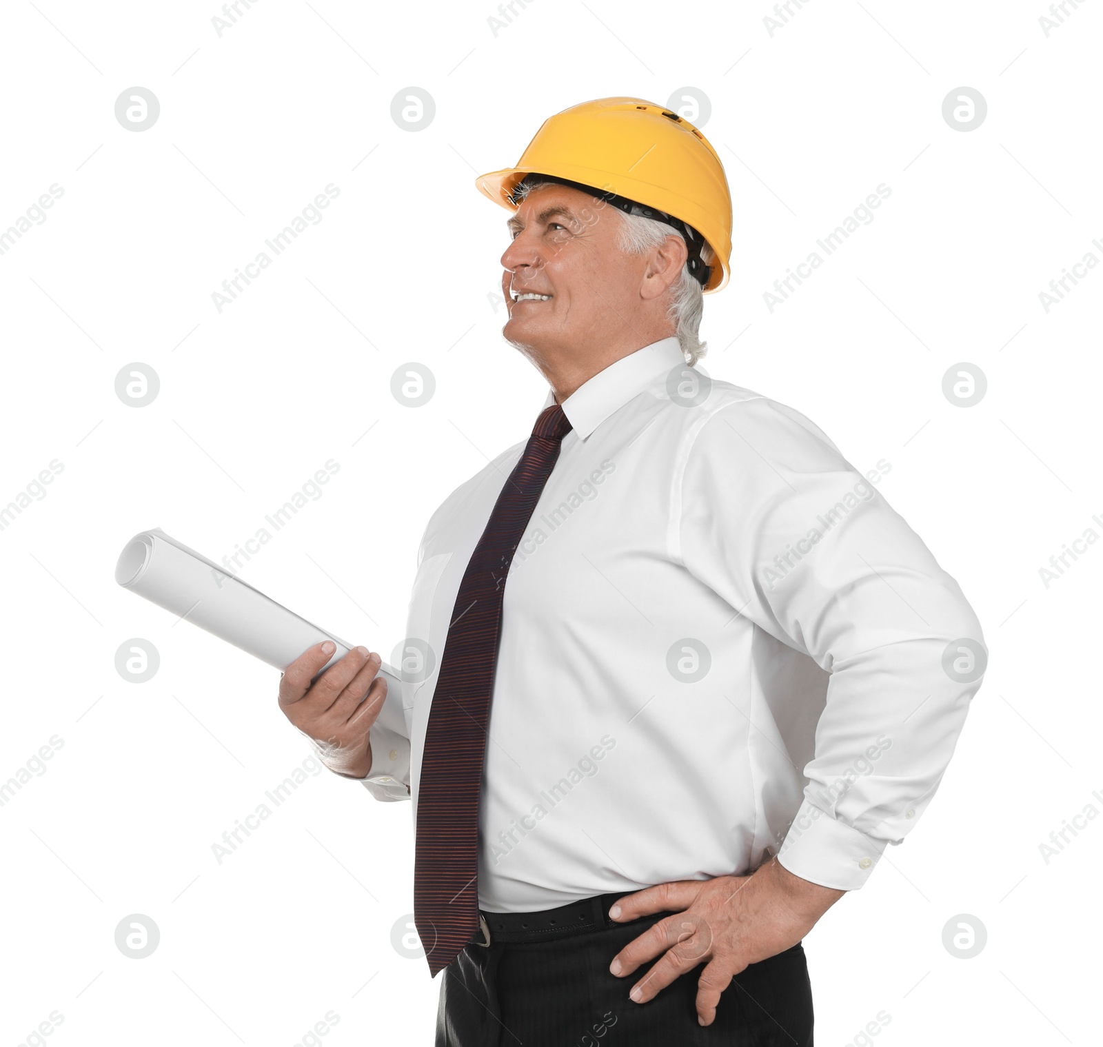 Photo of Engineer in hard hat with draft on white background