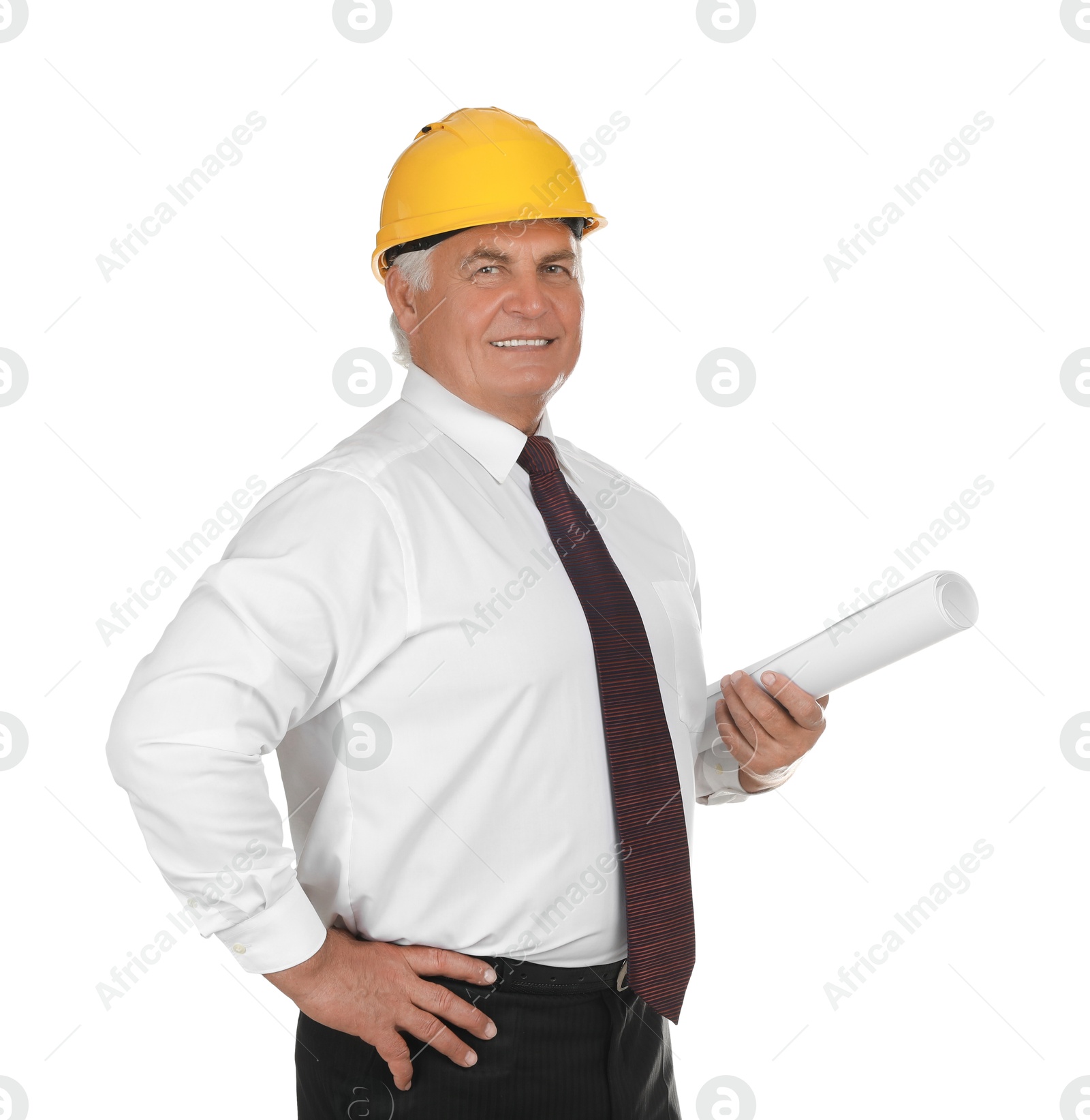 Photo of Engineer in hard hat with draft on white background