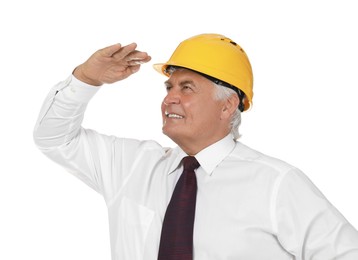 Photo of Engineer in hard hat on white background