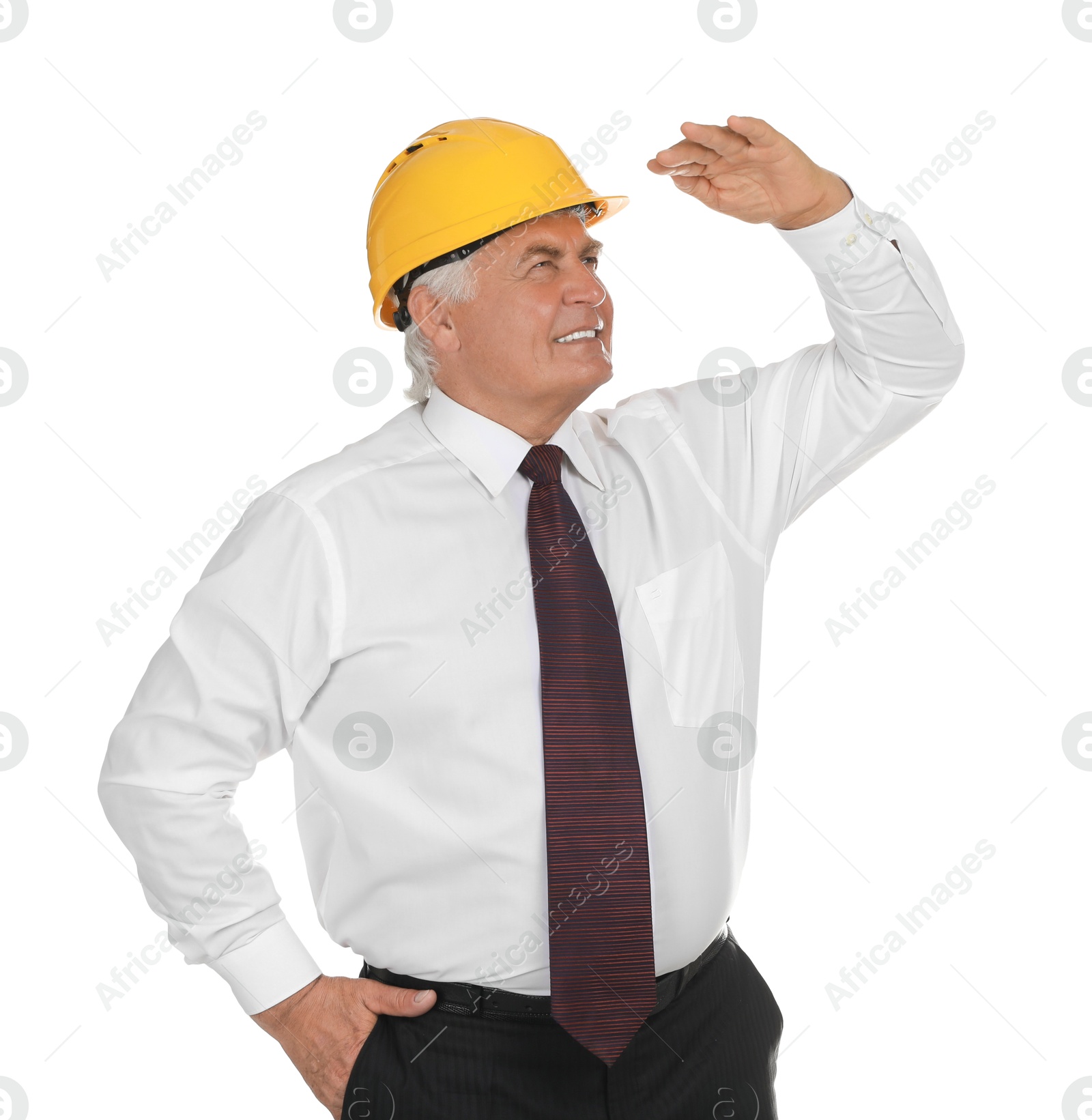 Photo of Engineer in hard hat on white background