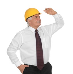 Photo of Engineer in hard hat on white background