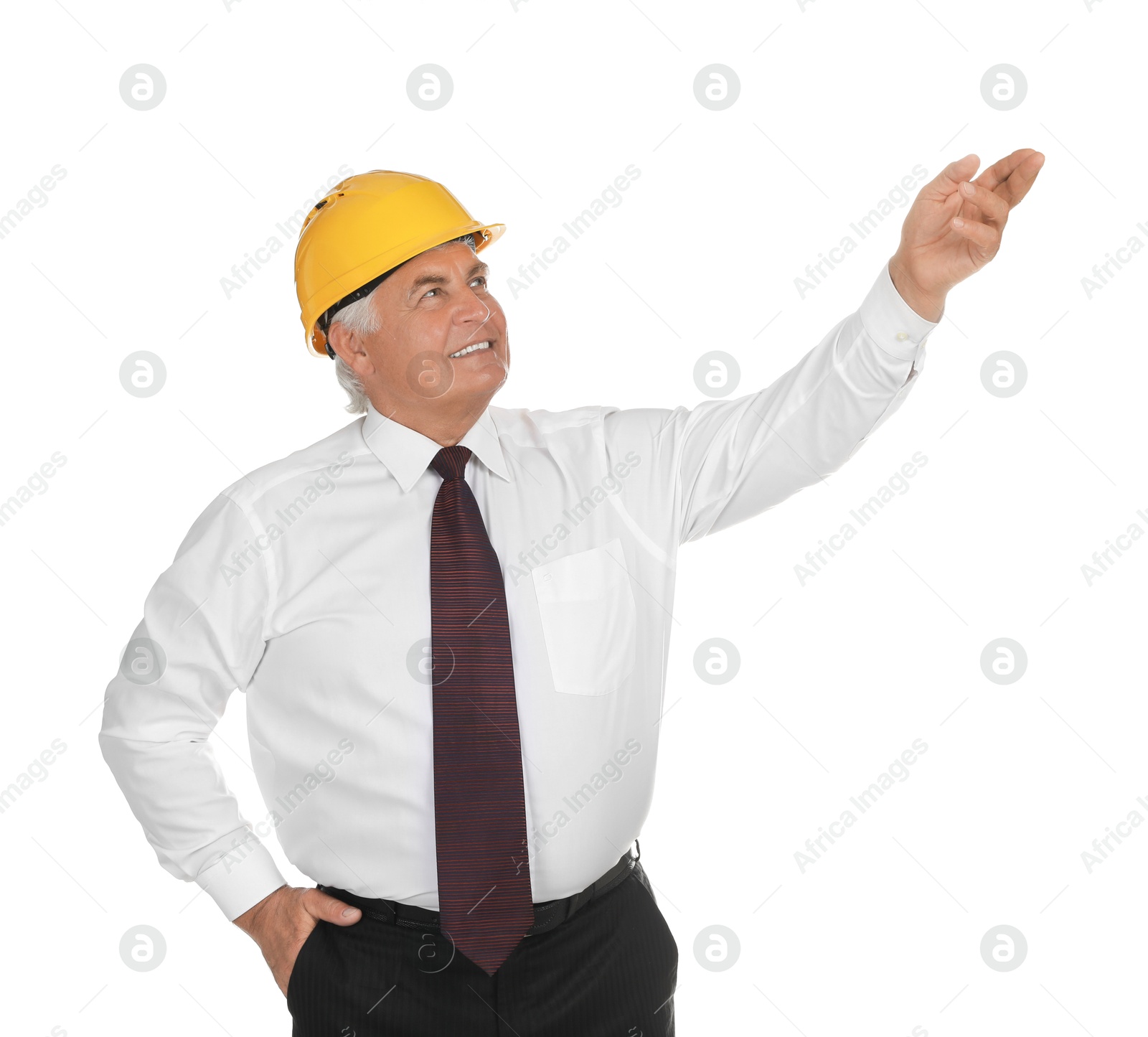 Photo of Engineer in hard hat on white background