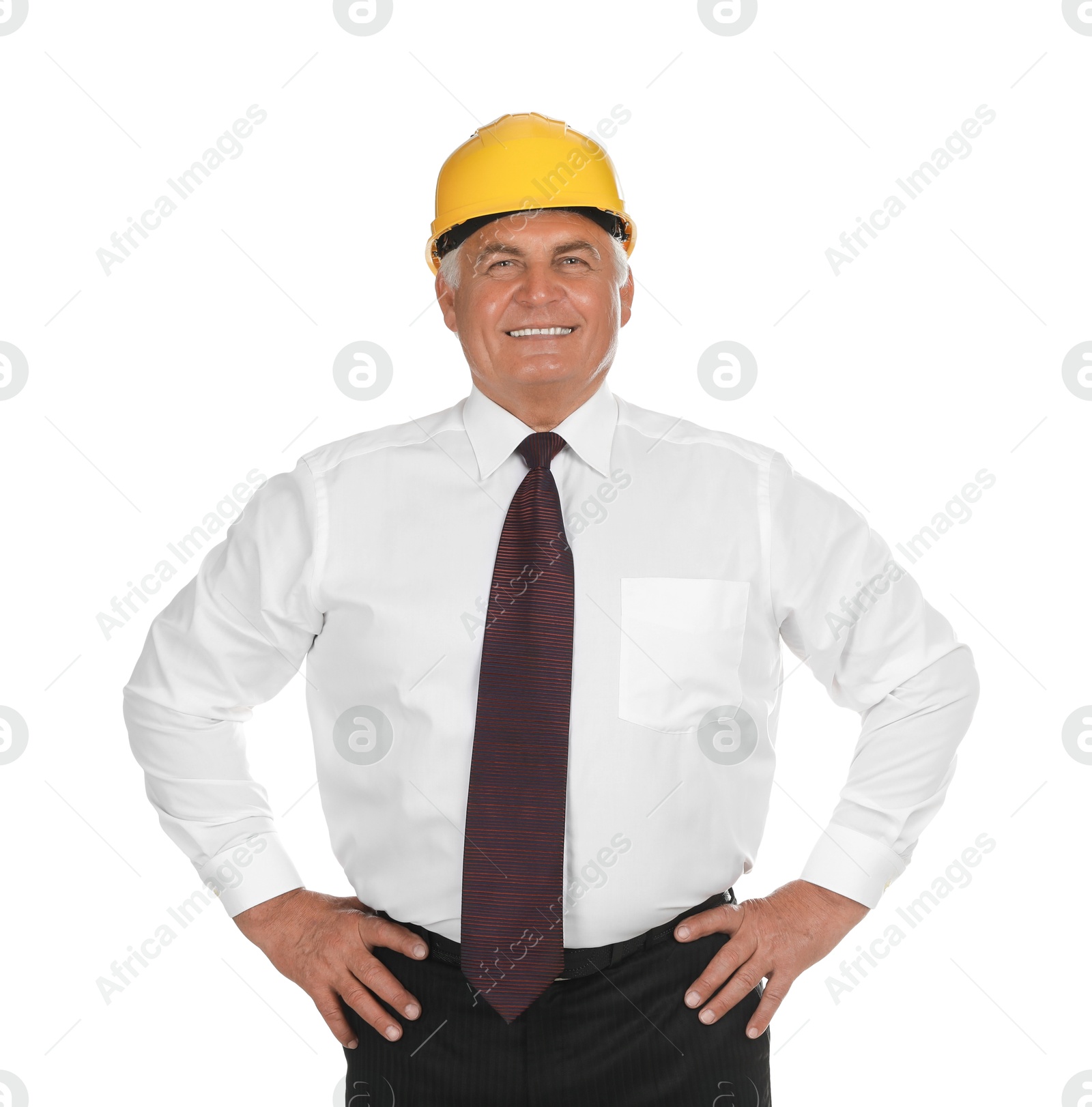 Photo of Engineer in hard hat on white background