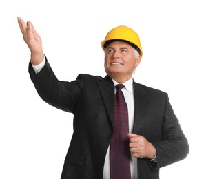 Engineer in hard hat on white background