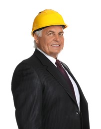 Photo of Engineer in hard hat on white background