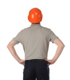 Engineer in hard hat on white background, back view