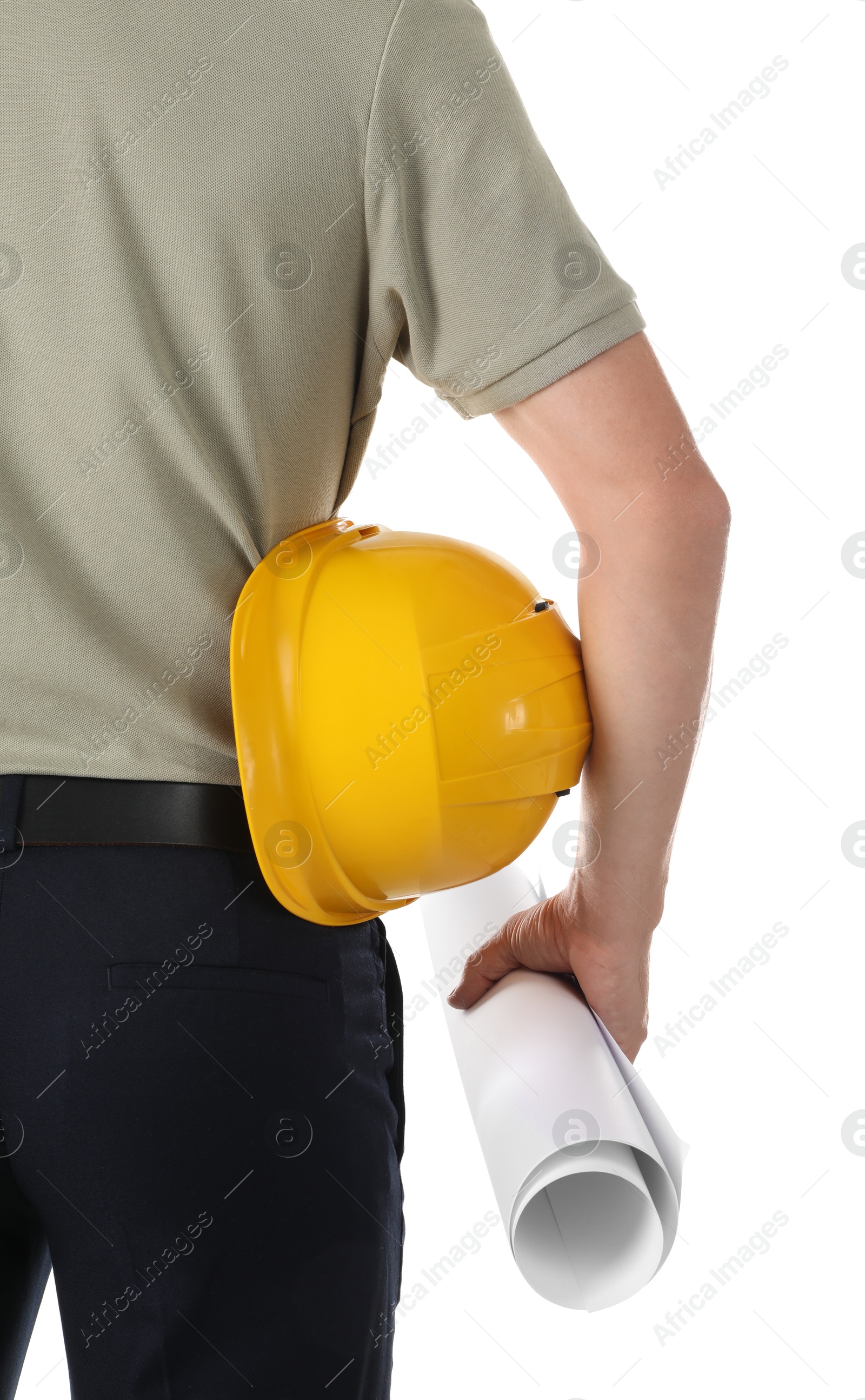 Photo of Engineer with hard hat and draft on white background, closeup