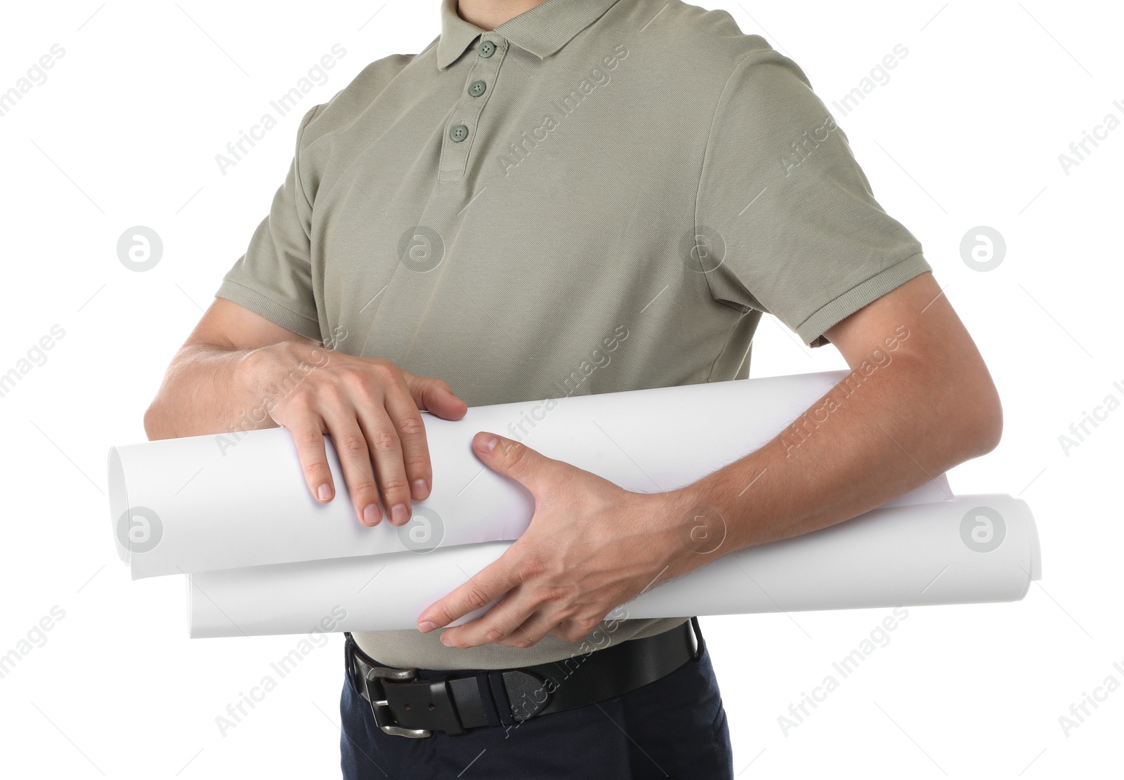 Photo of Engineer with drafts on white background, closeup