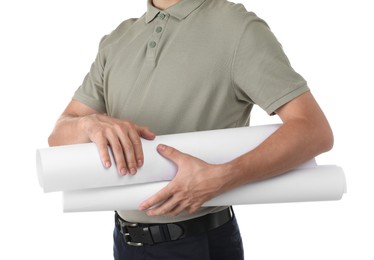 Photo of Engineer with drafts on white background, closeup