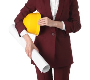 Photo of Engineer with hard hat and draft on white background, closeup