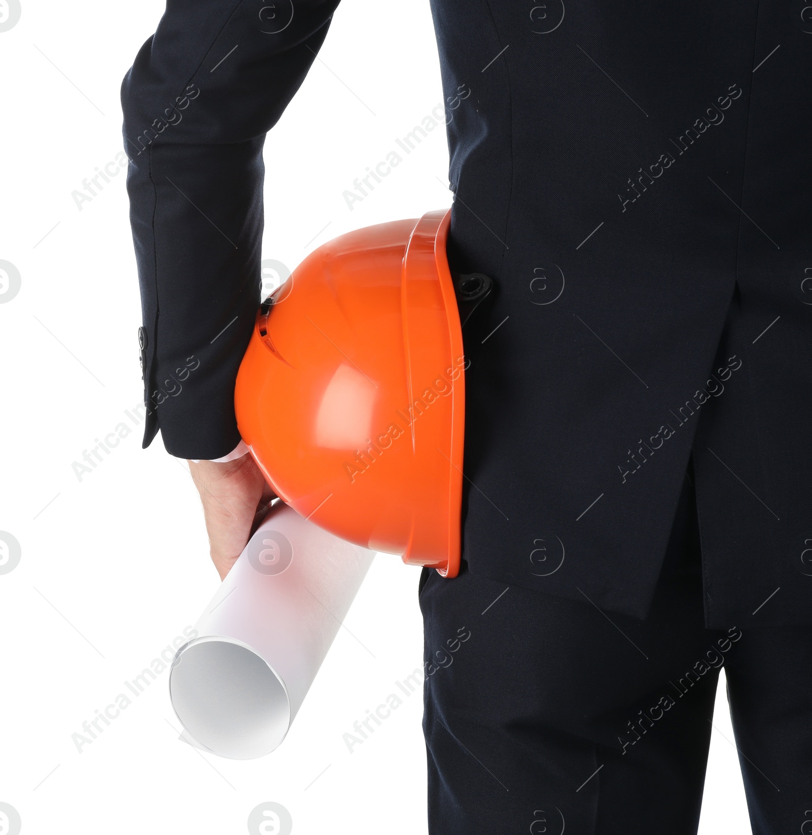 Photo of Engineer with hard hat and draft on white background, closeup