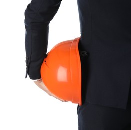 Photo of Engineer with hard hat on white background, closeup