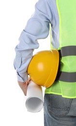 Photo of Engineer with hard hat and draft on white background, closeup