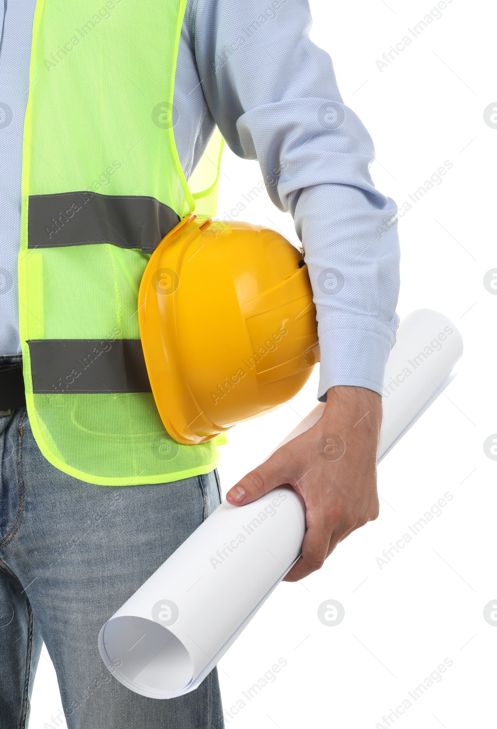 Photo of Engineer with hard hat and draft on white background, closeup