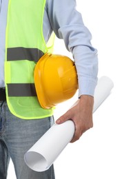 Photo of Engineer with hard hat and draft on white background, closeup