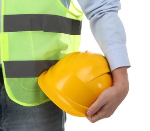 Photo of Engineer with hard hat on white background, closeup